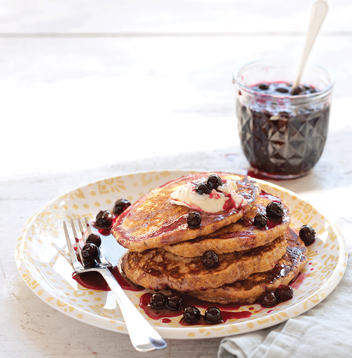Christy's-Whole-Grain-Pancakes with blueberry syrup
