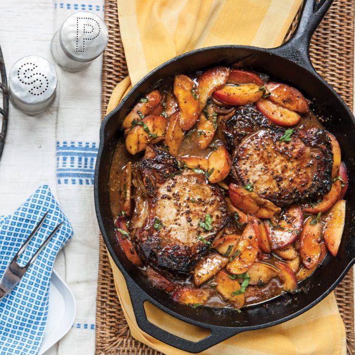 Bourbon Pork Chop with Grilled Peaches