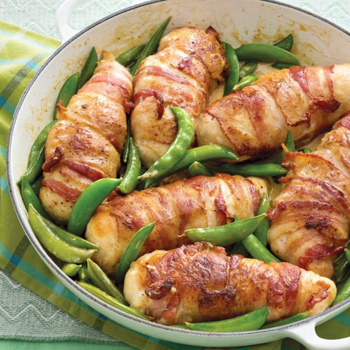 bacon wrapped chicken with sugar snap peas