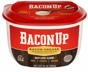 Red container labeled Bacon Up, contains bacon grease for cooking, baking, and frying.